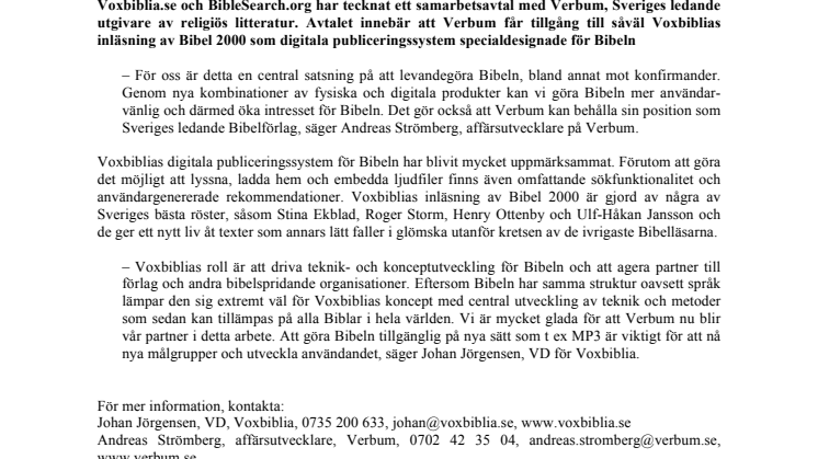 Voxbiblia och Verbum Förlag i nytt Bibelsamarbete 