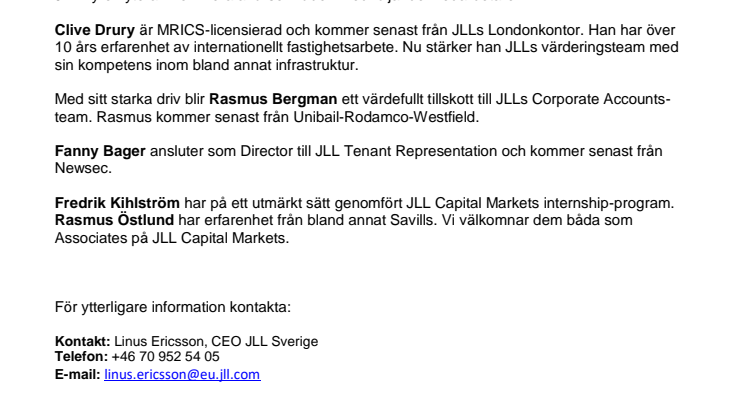 JLL stärker upp inför hösten med fem nya medarbetare 