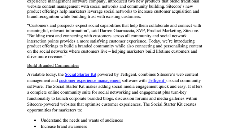 Sitecore Helps Marketers Build and Connect Social Communities to Increase Customer Engagement and Retention