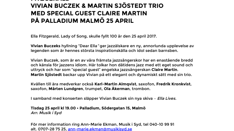 Dear Ella – 100 år – en hyllningskonsert till Ella Fitzgerald med Vivian Buczek & Martin Sjöstedt Trio på Palladium Malmö 25 april