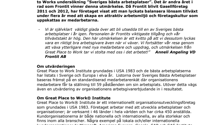 Frontit återigen utsett till en av Sveriges bästa arbetsplatser!