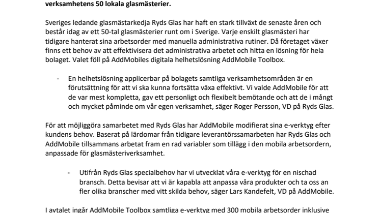 AddMobile tecknar avtal med Ryds Glas om mobil arbetsorder för glasmästeribranschen