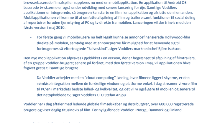 Voddler lancerer mobilapplikation til Googles Android OS