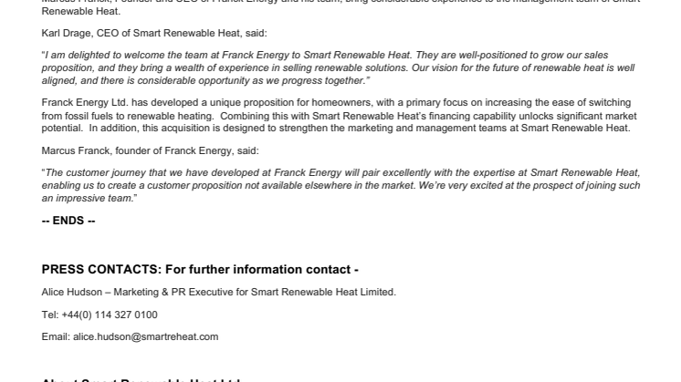  Smart Renewable Heat acquires Franck Energy Ltd.