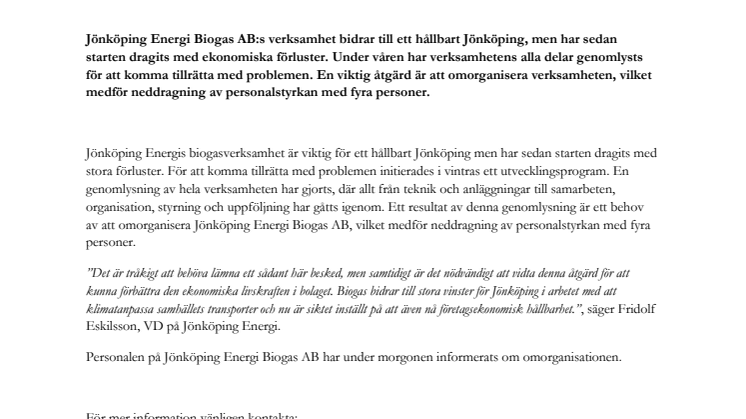 Jönköping Energi Biogas omorganiserar för en ekonomiskt hållbar verksamhet