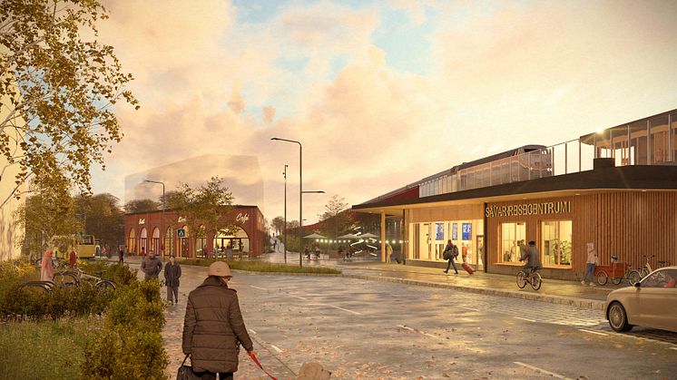 Visionsbild med vy från Kungsvägen mot öster. Bilden visar en möjlig design av byggnader inom planområdet. Illustration: Link Arkitekter.
