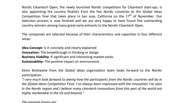 One finalist from each Nordic country selected to compete in Global Ideas Competition in San Jose, California