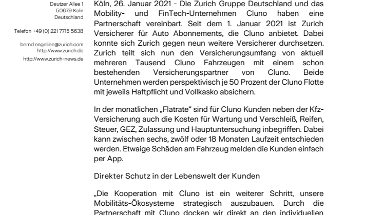 Zurich und Auto Abo Anbieter Cluno vereinbaren Partnerschaft