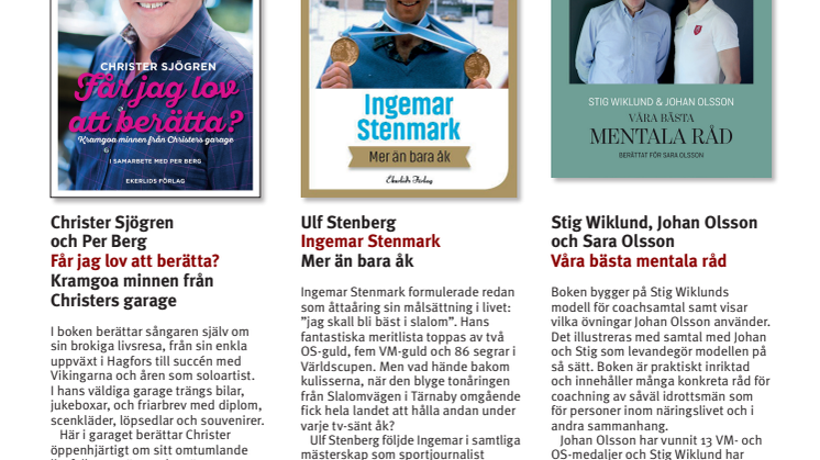 Böcker om Christer Sjögren, Ingemar Stenmark och Johan Olsson bland Ekerlids höstutgivning