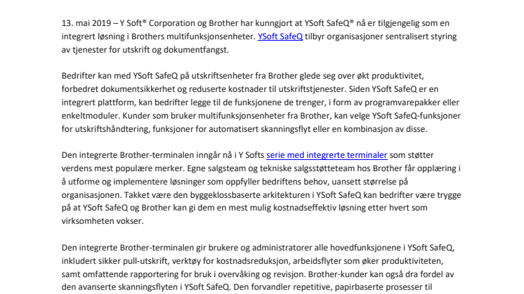 Samarbeid mellom Y Soft og Brother gir forbedret løsning for utskriftshåndtering