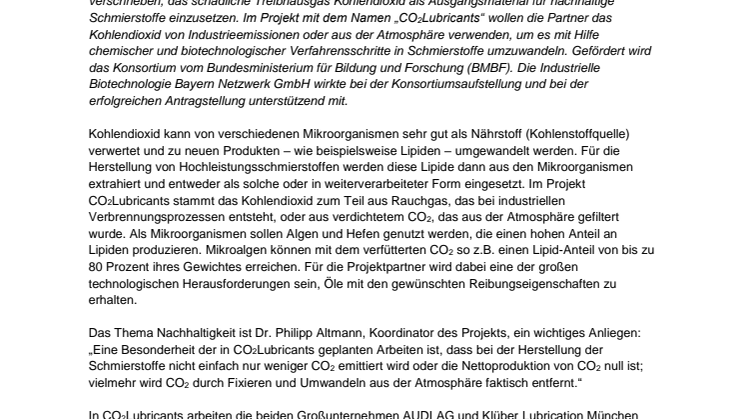Stoffliche Nutzung von Kohlendioxid: CO2 wird neuer Baustein für Schmierstoffe