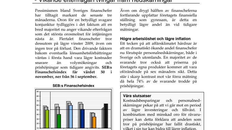 SEB:s Finanschefsindex: Pessimismen breder ut sig - Vikande efterfrågan tvingar fram nedskärningar
