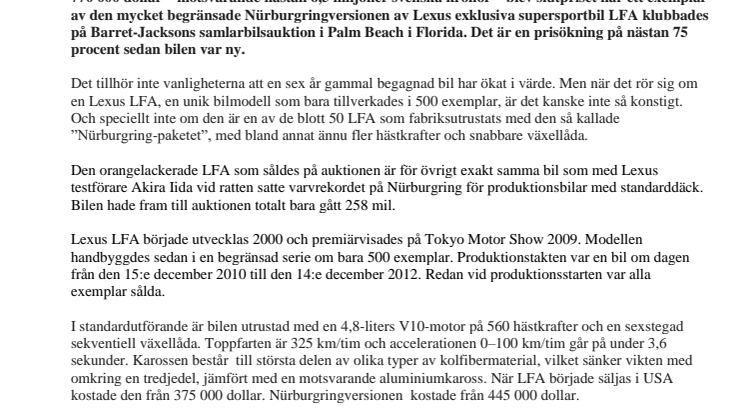 Rekordpris för Lexus LFA på entusiastauktion