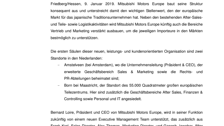 Mitsubishi Motors Europe baut Organisationsstruktur aus