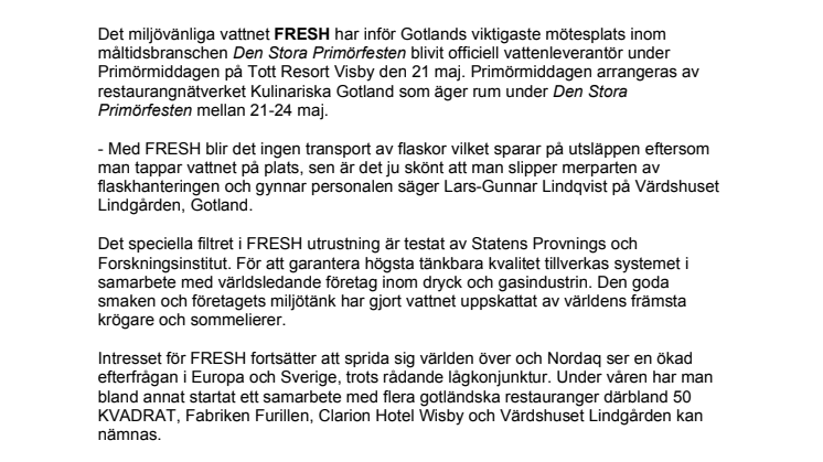 Miljövänligt vatten under Primörmiddagen på Gotland