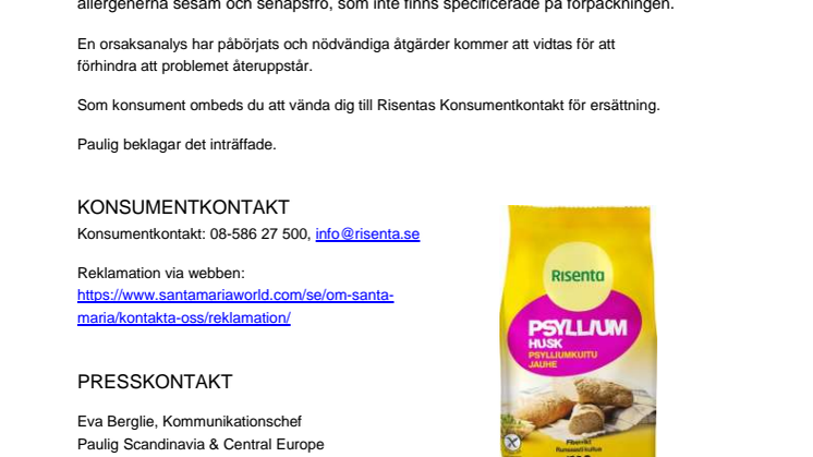 Risenta Psylliumhusk återkallas