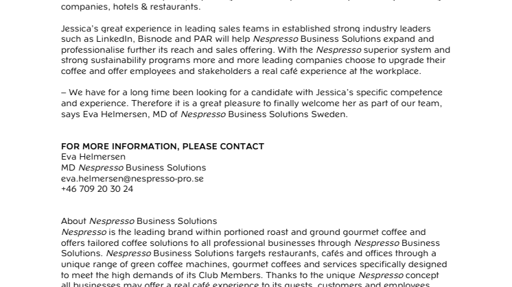 Nespresso Business Solutions welcomes Jessica Sandberg