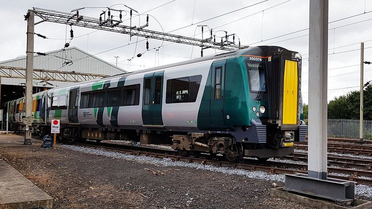 A Class 350 train London Northwestern Railway train leaving Kings Heath depot in Northampton