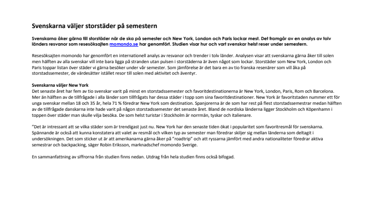 Svenskarna väljer storstäder på semestern