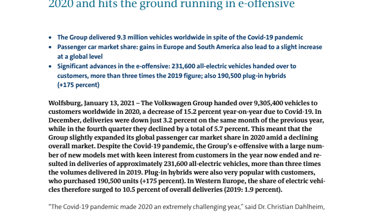 Volkswagen Group strengthens market position in 2020 and hits the ground running in e-offensive