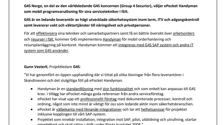 G4S, världens största säkerhetsföretag, effektiviserar sina servicetekniker med ePocket Handyman!
