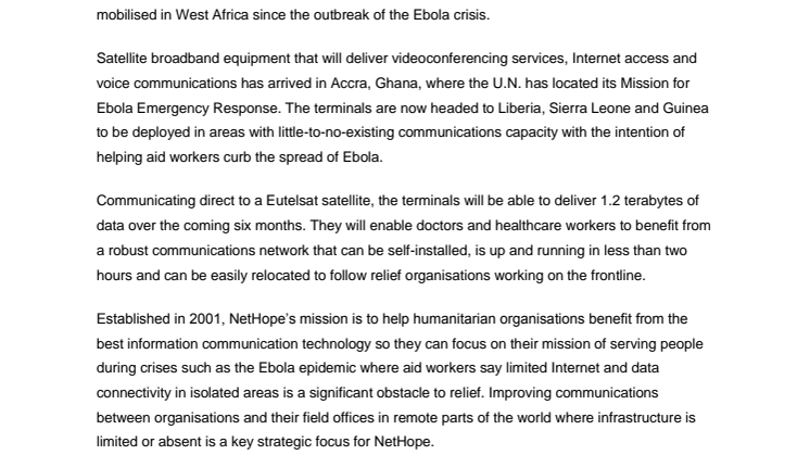 Eutelsat provides equipment and satellite connectivity for NetHope to support Ebola relief effort in West Africa