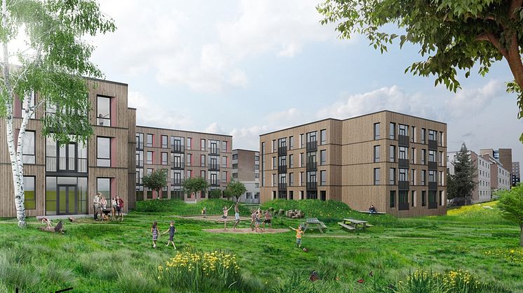 SiO planlegger nye familieboliger for studenter på Kringsjå Studentby. (Illustrasjon av LMR arkitektur)
