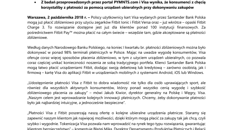 Użytkownicy kart Visa wydanych przez Santander Bank Polska mogą już płacić zbliżeniowo za pomocą urządzeń  Fitbit