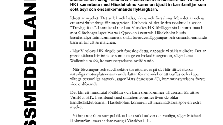 Integration i fokus när Vinslövs HK spelar hemmamatch i Qpoolen
