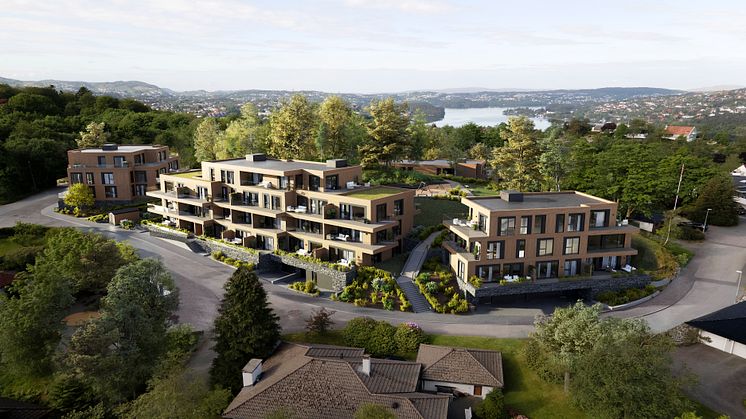 De sammensatte, terrasserte bygningskroppene danner klare, avgrensede uterom som styrker stedets karakter og kvaliteten på boligarealene. Illustrasjon: LINK Arkitektur.