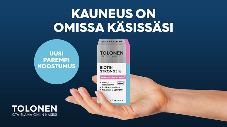 Vahva ja monipuolinen Biotin Strong 5 mg hiusten, ihon ja kynsien hyvinvoinnille.