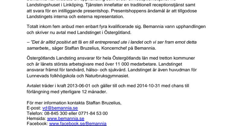 Landstinget i Östergötland skriver avtal med Bemannia 