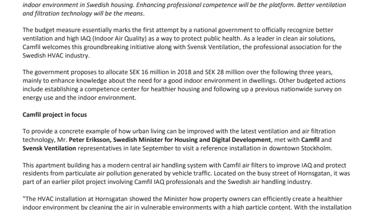 Swedish government takes historical steps to improve residential living with better ventilation and filtration solutions