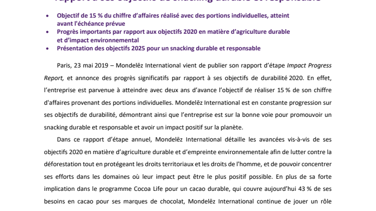 Mondelēz International réalise des progrès importants par rapport à ses objectifs de snacking durable et responsable