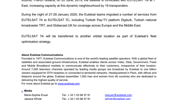 Entry into commercial service of EUTELSAT 7C