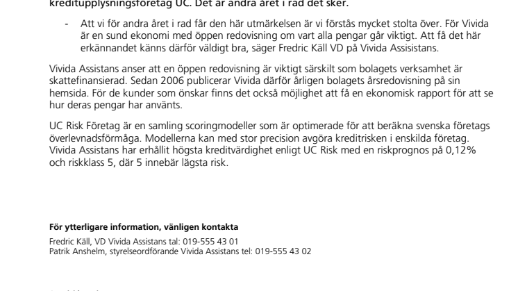 Vivida Assistans erhåller högsta kreditvärdighet igen