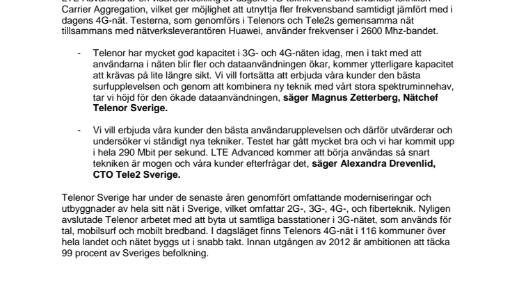 Telenor och Tele2 testar LTE Advanced i det gemensamma nätet