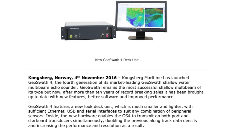 Kongsberg Maritime: KONGSBERG Launches Next Generation GeoSwath Shallow Water Multibeam Echo Sounder