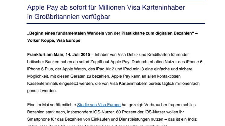 Apple Pay ab sofort für Millionen Visa Karteninhaber in Großbritannien verfügbar