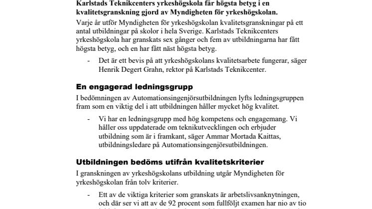 Mycket hög kvalitet på Karlstads Teknikcenters yrkeshögskola