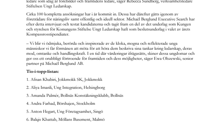 Här är topplistan på de som kan få Konungens Stiftelse Ungt Ledarskaps stipendium Kompassrosen