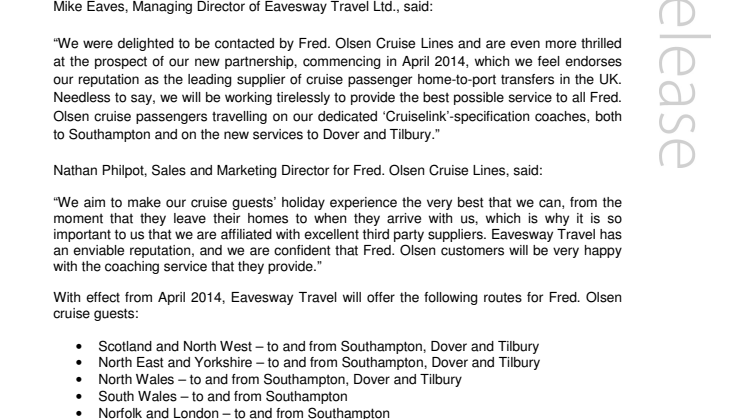 Fred. Olsen Cruise Lines commences new partnership  with Eavesway Travel Ltd. 
