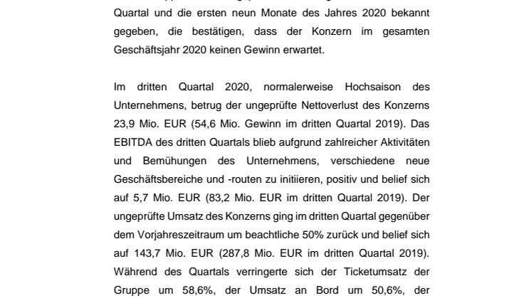 Tallink Grupp veröffentlicht Finanzdaten für das dritte Quartal 2020 - der Nettoverlust im dritten Quartal beträgt 23,9 Mio. EUR 