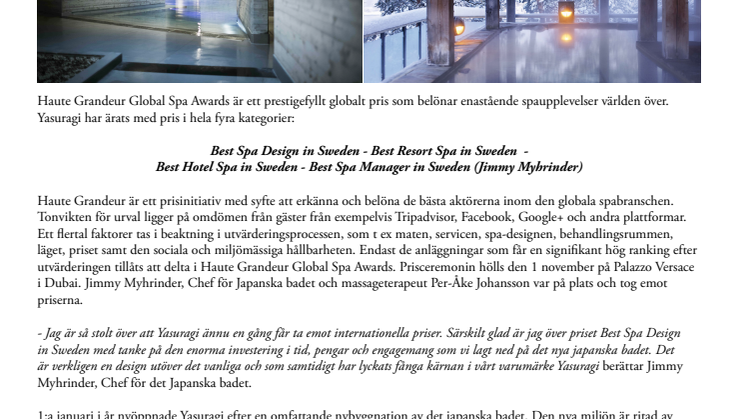 Yasuragi flerfaldigt prisat i Haute Grandeur Global Spa Awards