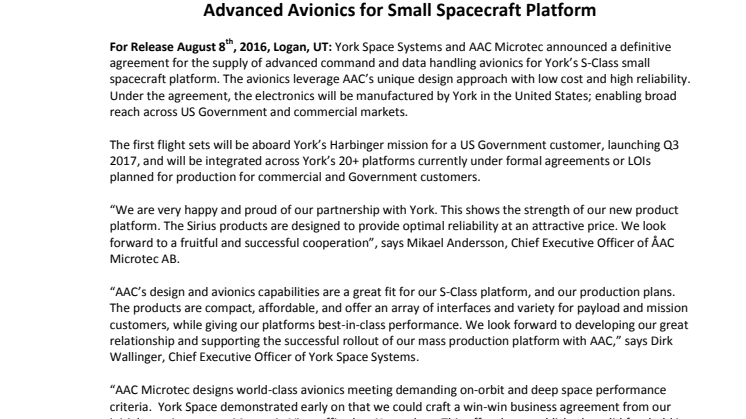 ÅAC Microtec and York Space Systems Announce Agreement to Supply Advanced Avionics for Small Spacecraft Platform