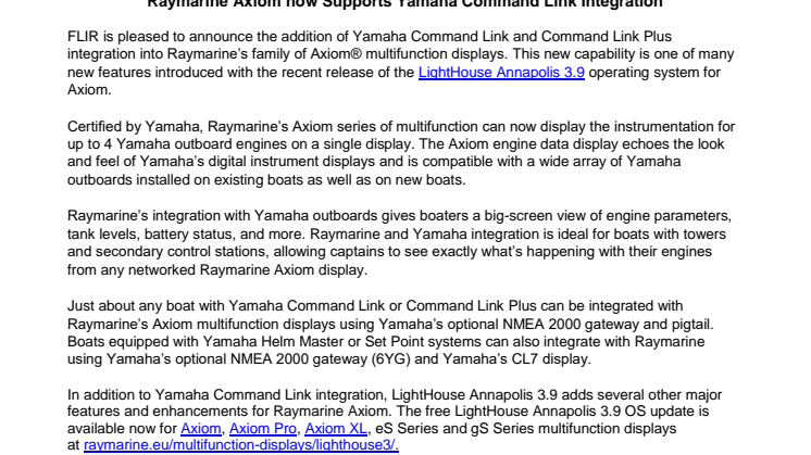 Raymarine Axiom now Supports Yamaha Command Link Integration 