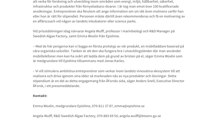 Epishine och Swedish Algae Factory tilldelas stipendier om 400 000 kr