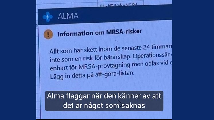 Den digitala assistenten Alma visar sig på skärmen när den känner att något saknas i dokumentationen.
