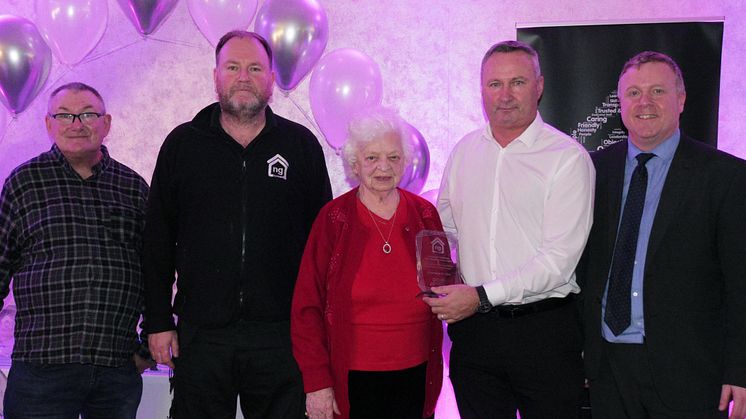 CCF Award presented to ng homes Concierge Service - John Thorburn, ng homes Chair; Arthur McGill, ng homes Concierge; Margaret Thomson, ng homes Board Member; Colin Leverage, ng homes Concierge and Property Manager; and Bob Doris MSP.