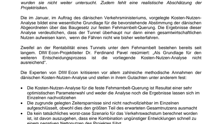 DIW Econ-Studie stellt gesamtwirtschaftlichen Nutzen des geplanten Fehmarnbelt-Tunnels in Frage
